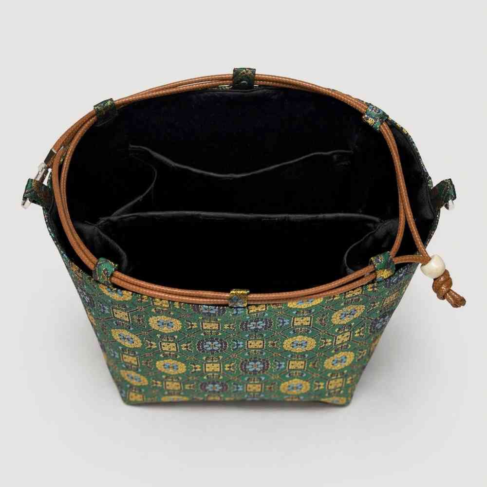 Imperial Treasures Song brocade handbag - interior view of silk bucket bag with cotton lining